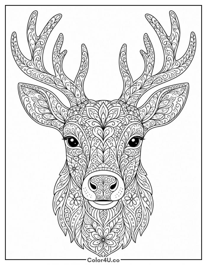 Zentangle reindeer head coloring page, detailed pattern design, free printable