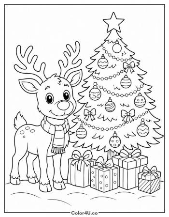 Reindeer by the Christmas Tree coloring page