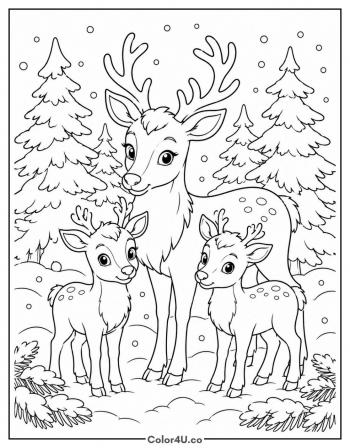 Reindeer Family in the Pines coloring page