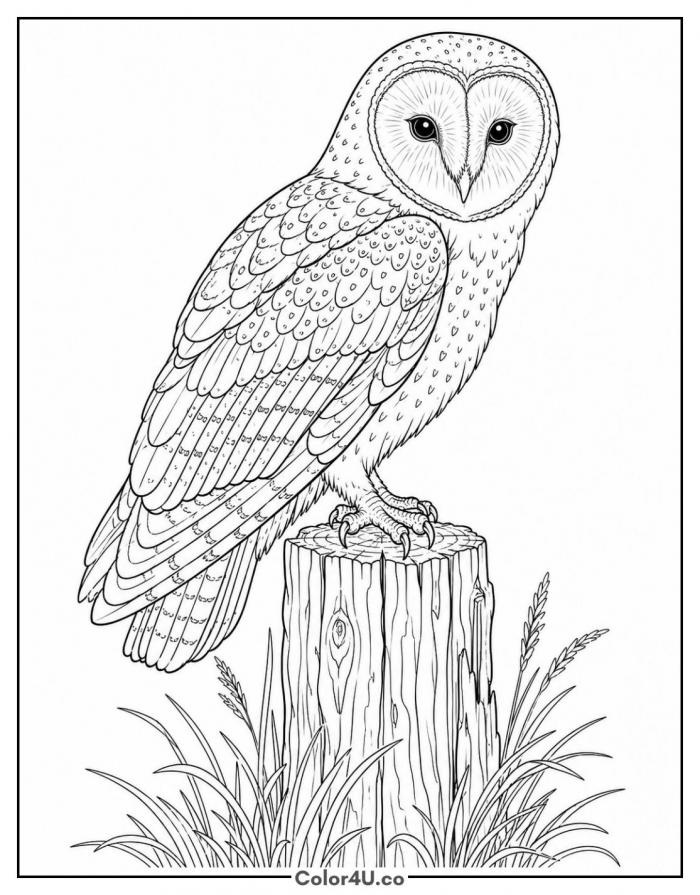 Barn owl perched on a fence post, detailed owl coloring page, free printable