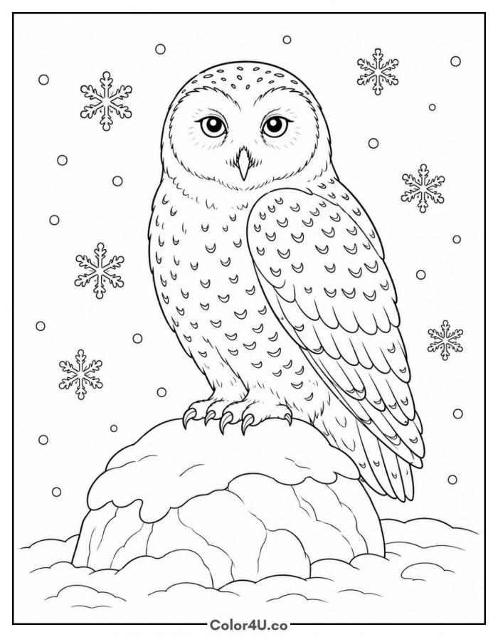 Snowy owl perched on a snowy rock, medium owl coloring page, free printable