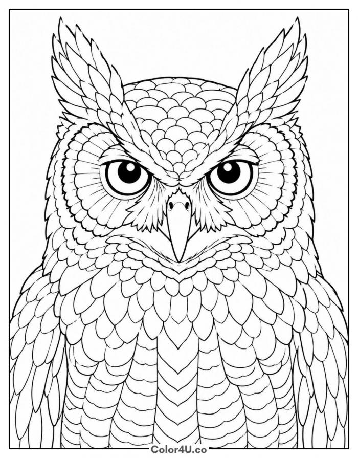 Great horned owl portrait close-up, detailed owl coloring page, free printable