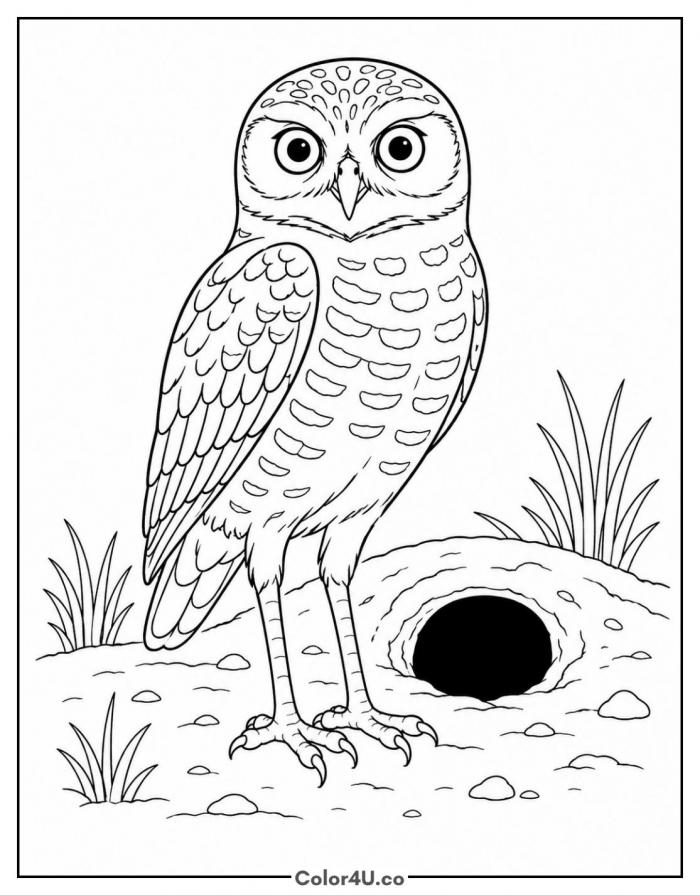 Burrowing owl standing near its burrow, detailed owl coloring page, free printable