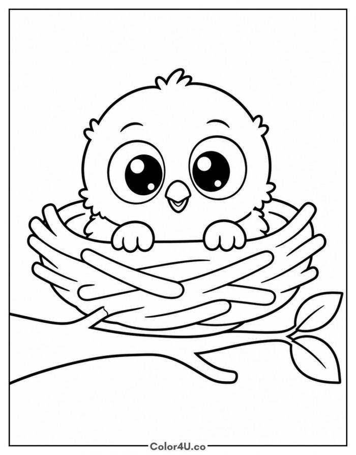 Baby owl peeking from a nest, easy owl coloring page, free printable
