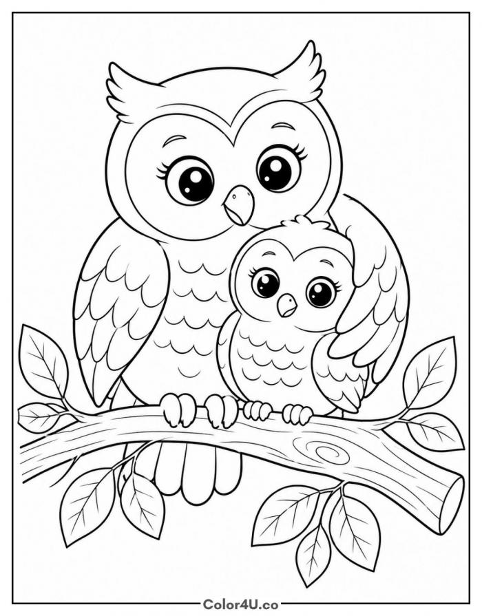 Mama owl and baby owl on a branch, medium owl coloring page, free printable