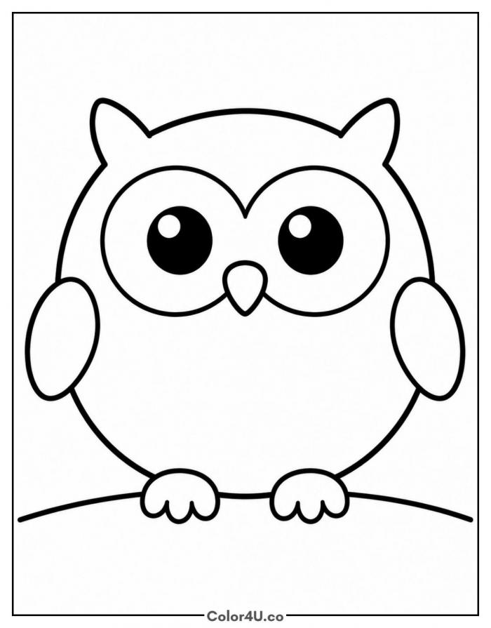 Simple round owl on a branch, easy owl coloring page, free printable