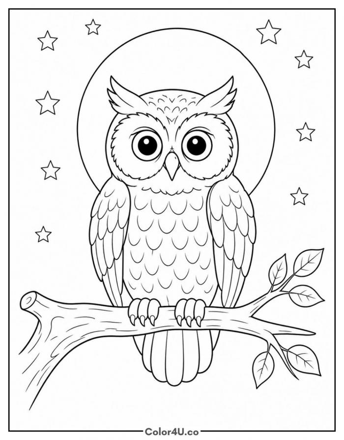 Owl perched under a full moon with stars, medium owl coloring page, free printable
