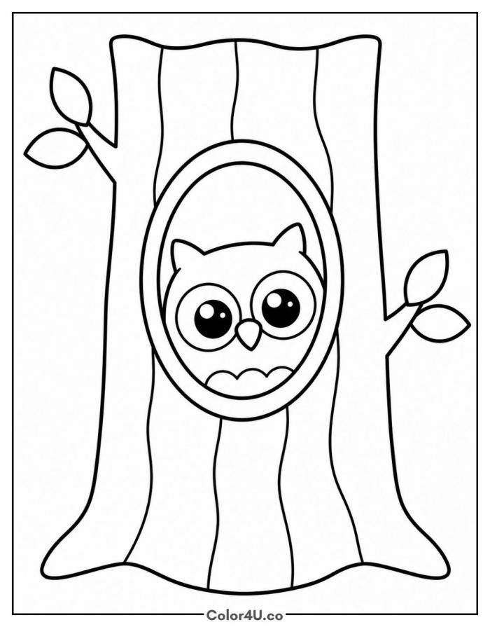 Owl peeking from a tree hollow, easy owl coloring page, free printable