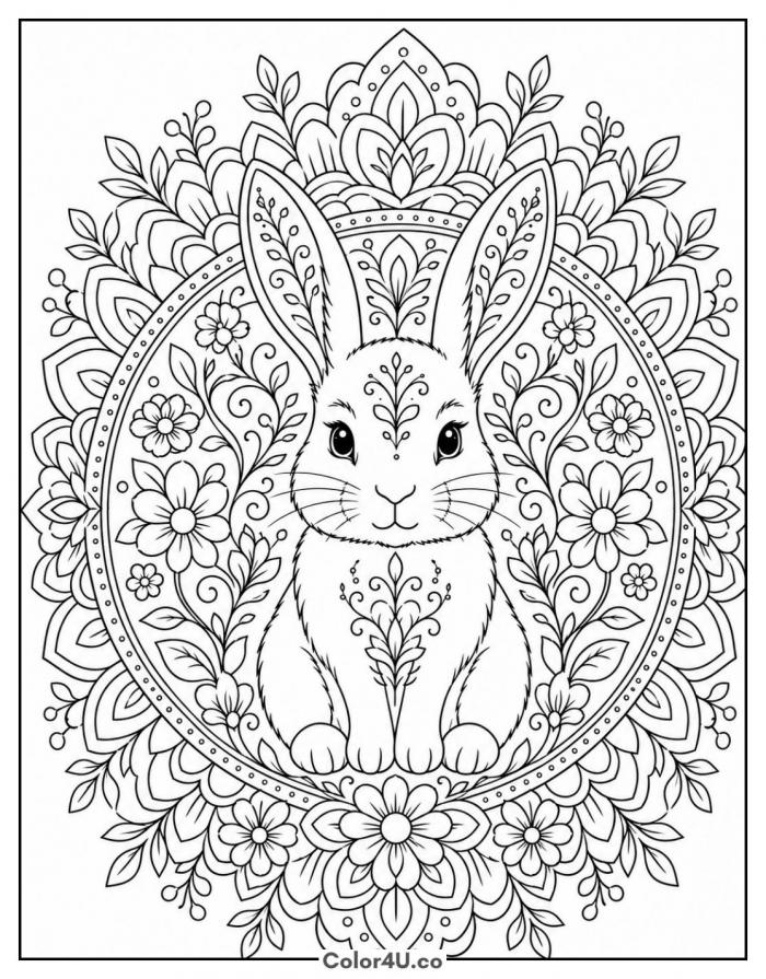 Rabbit surrounded by mandala florals, detailed coloring page, free printable