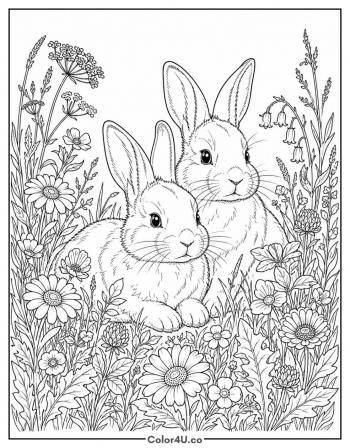 Two Rabbits Among Wildflowers coloring page