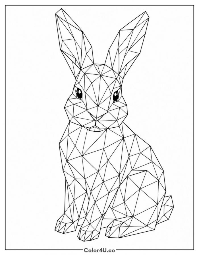 Low-poly geometric rabbit, detailed coloring page, free printable