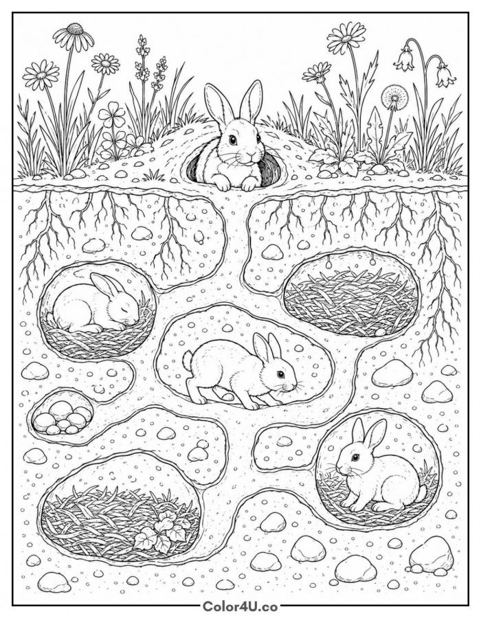 Rabbit burrow cross section with tunnels, detailed coloring page, free printable