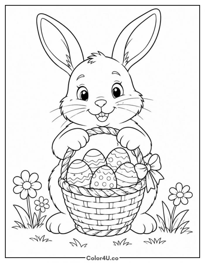 Cartoon Easter bunny holding basket of eggs, easy coloring page, free printable