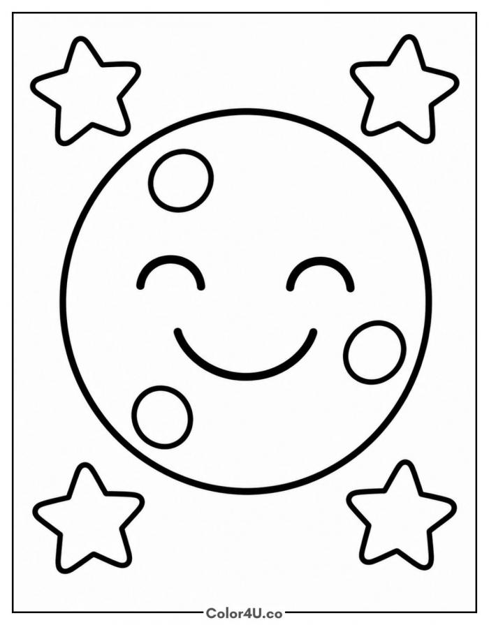 Smiling moon with stars, easy moon coloring page, free printable