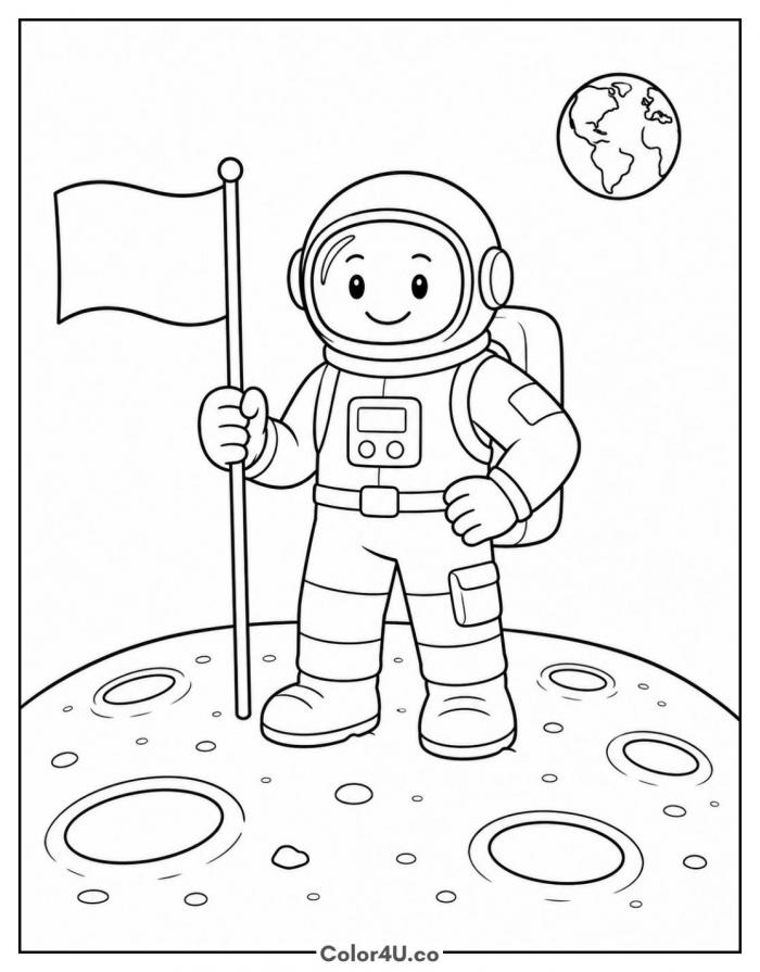 Astronaut planting a flag on the moon, medium coloring page, free printable