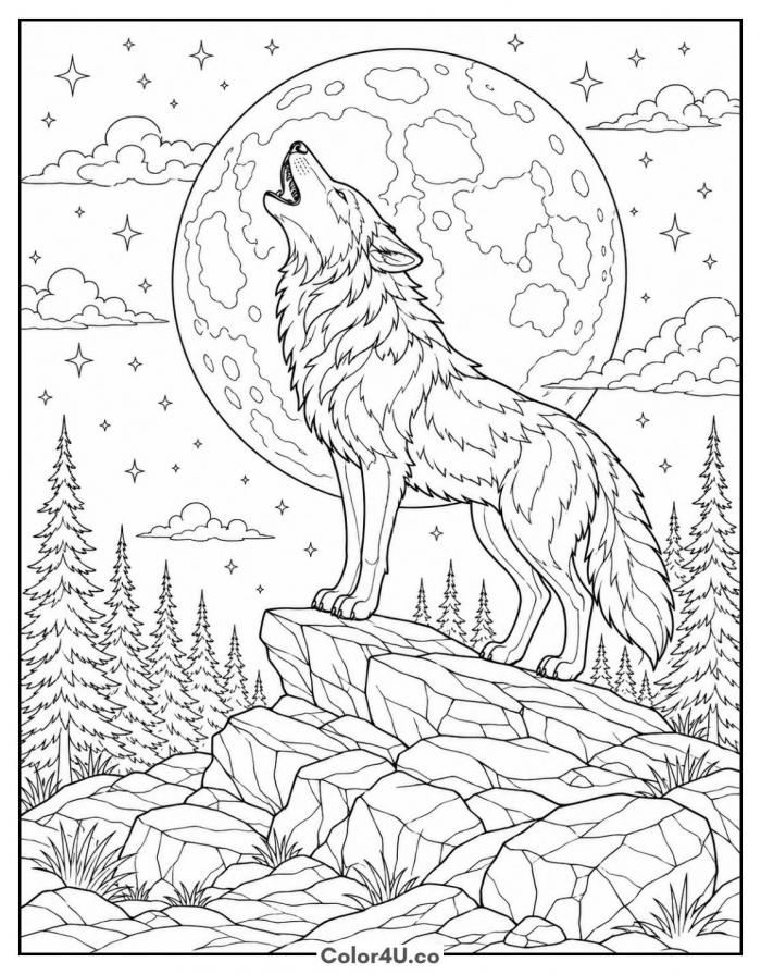 Wolf howling at the full moon on a rocky cliff, detailed coloring page, free printable