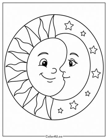 Sun and Moon Face to Face coloring page
