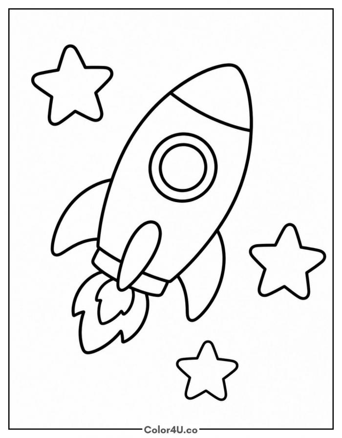 Rocket flying past three stars, easy rocket coloring page, free printable