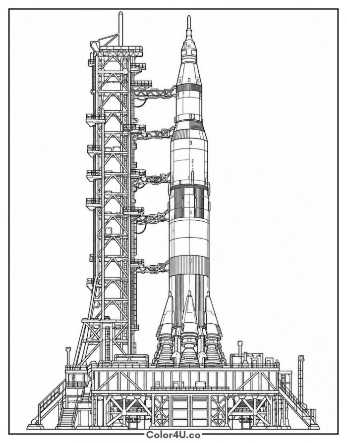 Saturn V rocket on the launch pad, detailed rocket coloring page, free printable