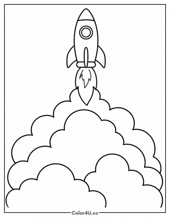 Rocket blasting off through smoke clouds, easy rocket coloring page, free printable