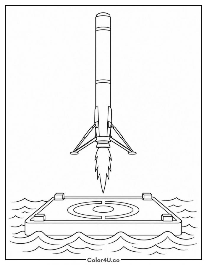Rocket booster landing on a sea platform, medium rocket coloring page, free printable