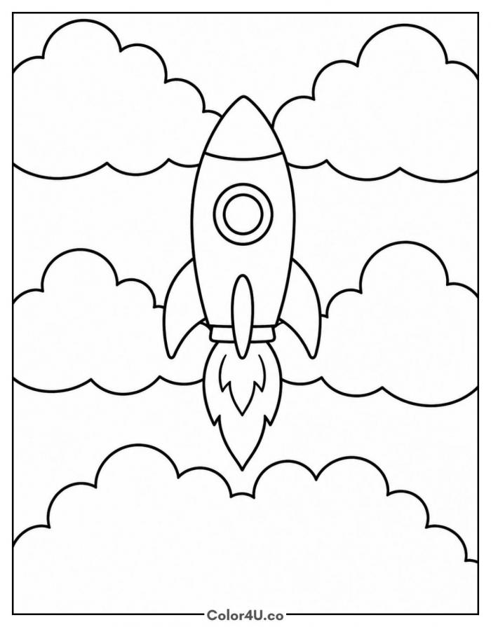 Rocket climbing through clouds, easy rocket coloring page, free printable