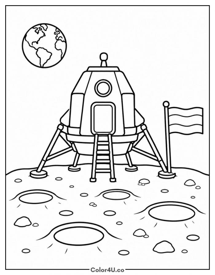 Lunar lander on the moon with Earth in the sky, medium rocket coloring page, free printable