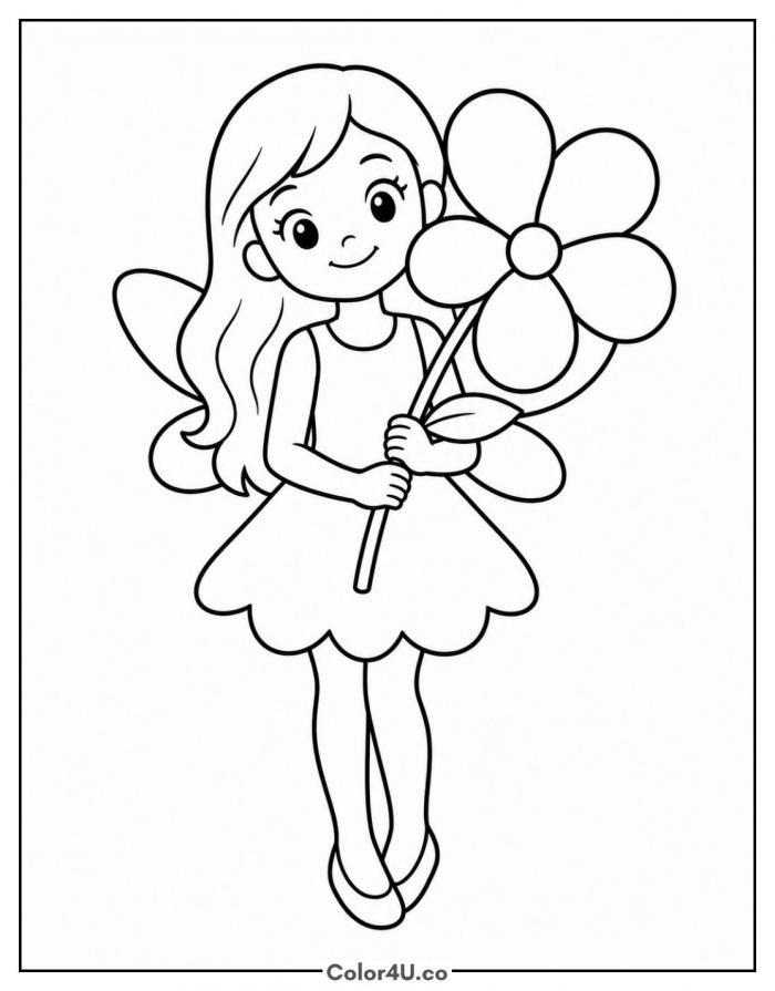 Flora holding a big flower, easy Winx Club coloring page, free printable
