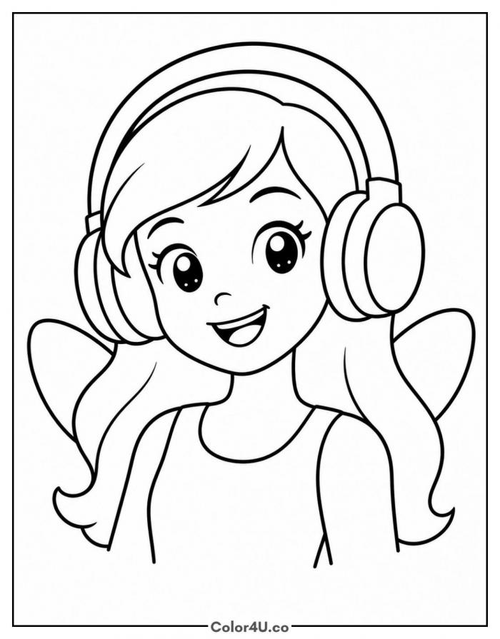 Musa wearing headphones, easy Winx Club coloring page, free printable