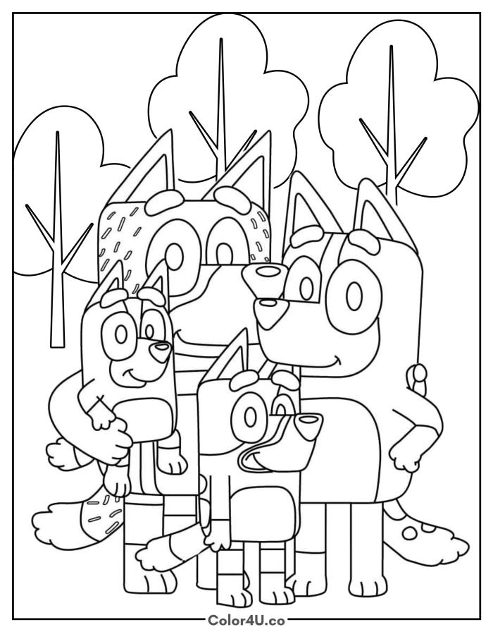 The whole Bluey family together outdoors, medium Bluey coloring page, free printable