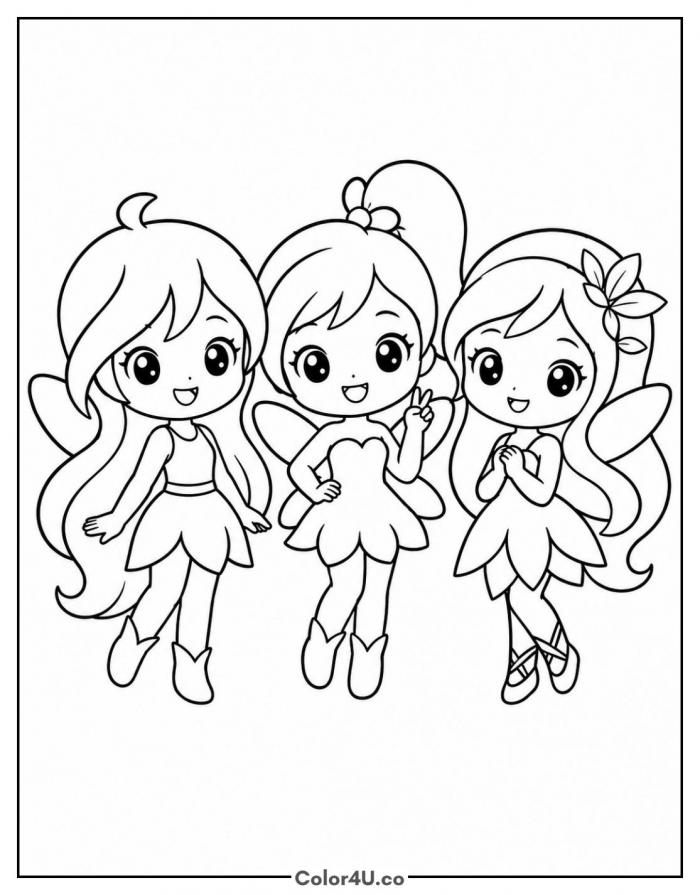 Three chibi Winx fairies posing together, medium Winx Club coloring page, free printable