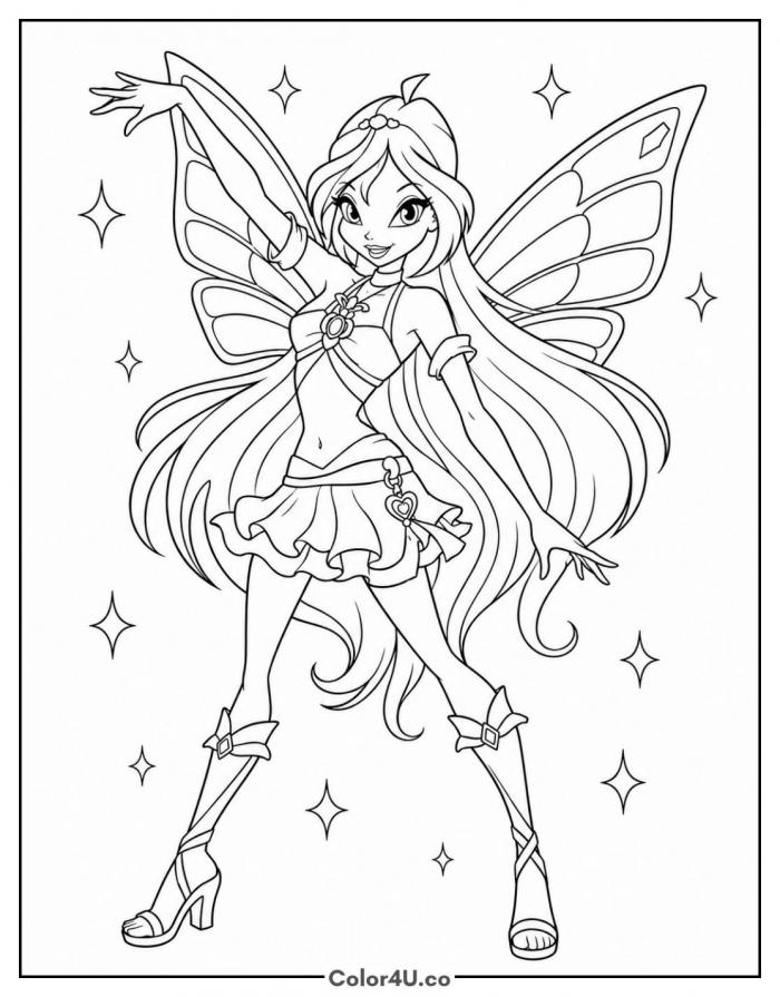 Bloom in a dazzling fairy transformation, detailed Winx Club coloring page, free printable
