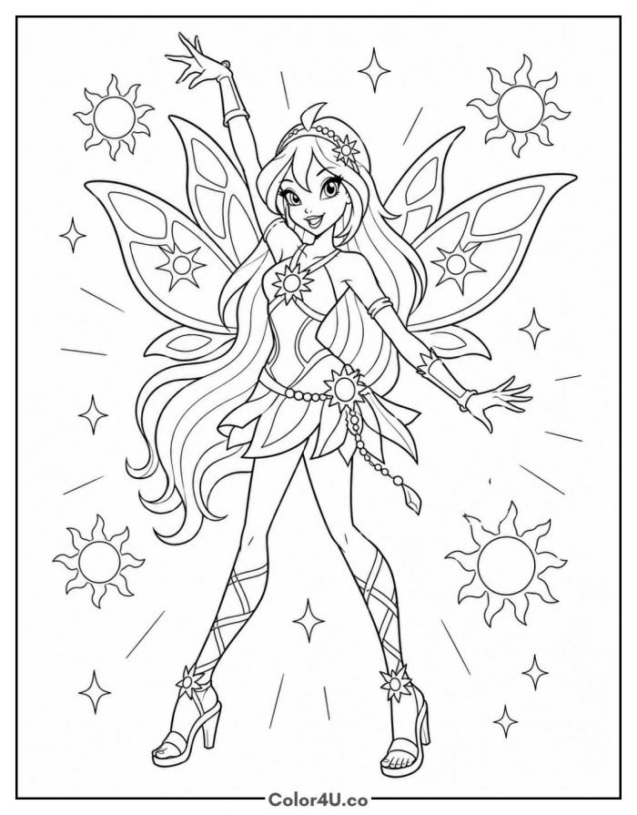 Stella in a radiant sun fairy transformation, detailed Winx Club coloring page, free printable