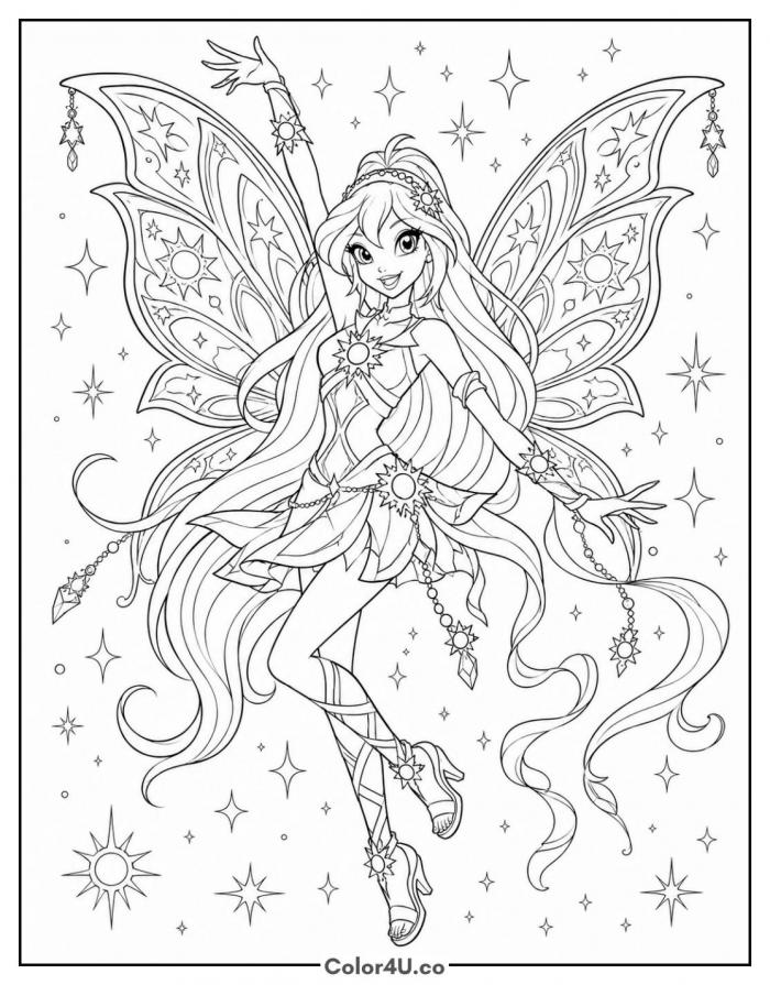 Stella in her Enchantix fairy form, detailed Winx Club coloring page, free printable