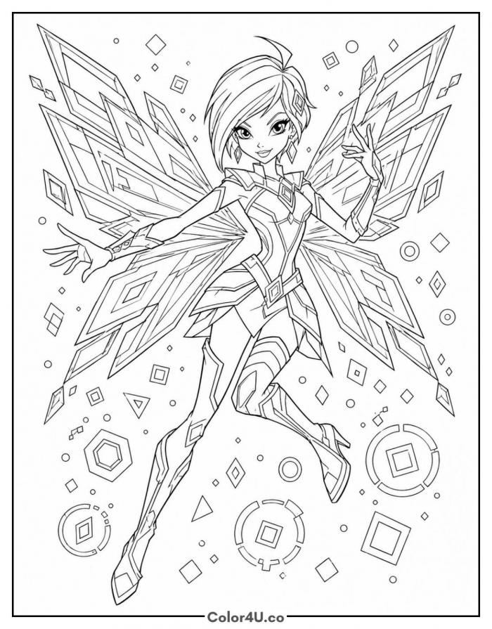 Tecna in her Believix fairy form, detailed Winx Club coloring page, free printable