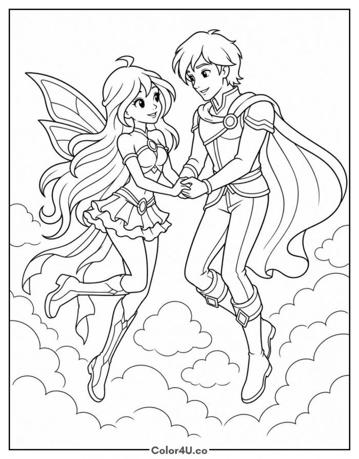 Bloom and Sky flying together above the clouds, medium Winx Club coloring page, free printable