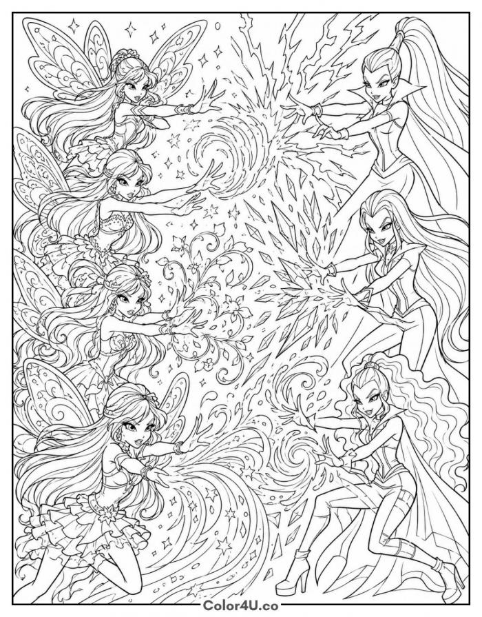 Winx fairies battling the Trix witches, detailed Winx Club coloring page, free printable