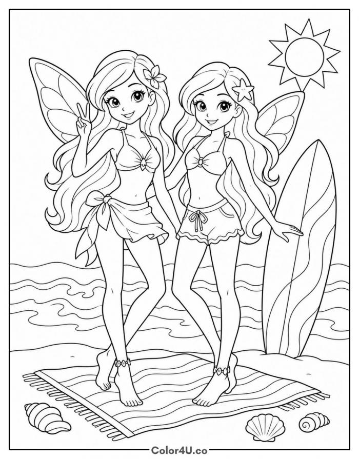 Two Winx fairies at the beach with a surfboard, medium Winx Club coloring page, free printable