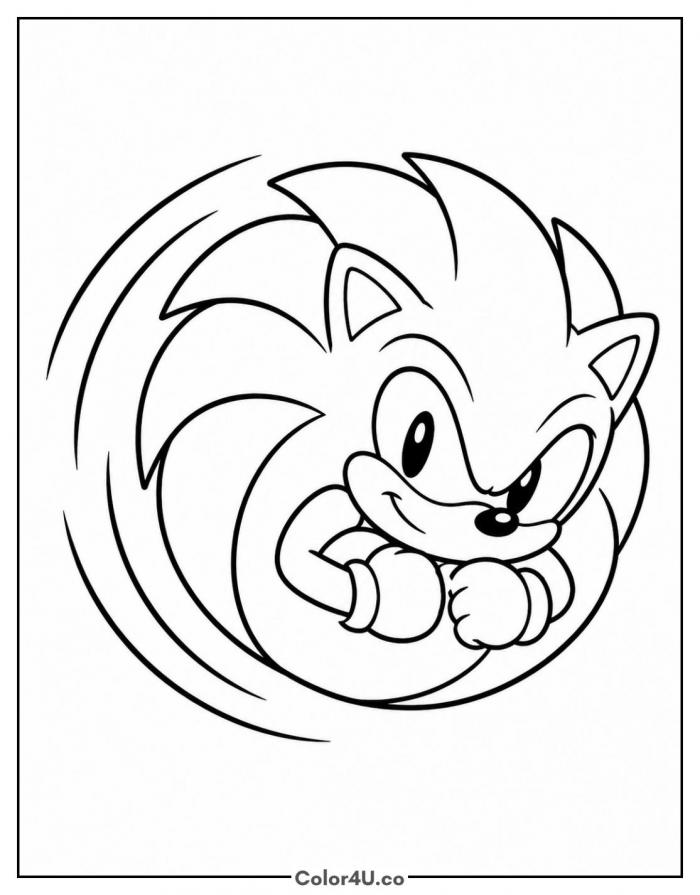 Sonic curled in spin dash pose, easy Sonic the Hedgehog coloring page, free printable