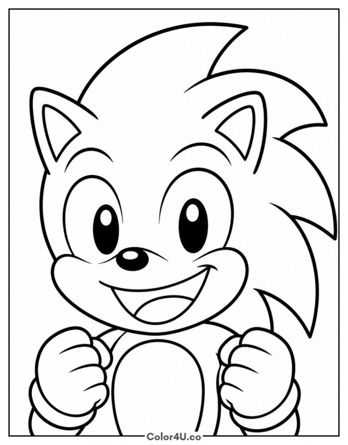 Sonic smiling with fists raised, easy Sonic the Hedgehog coloring page, free printable
