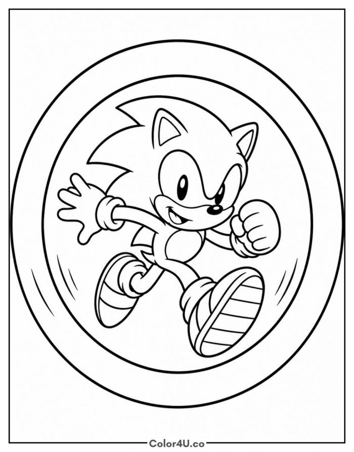 Sonic leaping through a giant ring, medium Sonic the Hedgehog coloring page, free printable