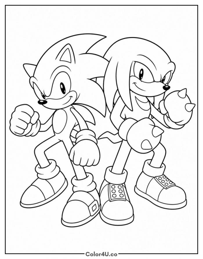 Sonic and Knuckles standing together, medium Sonic the Hedgehog coloring page, free printable