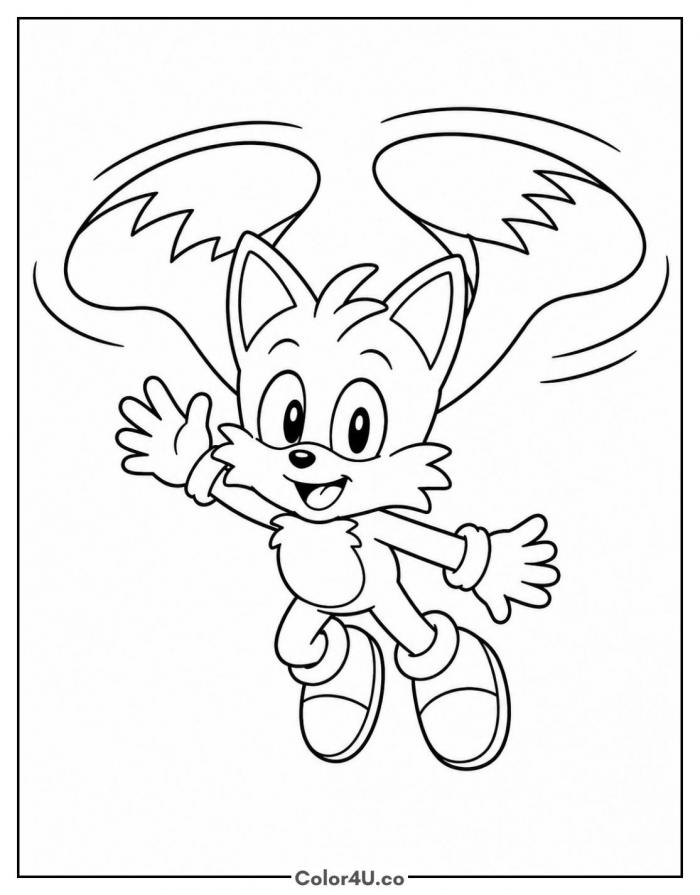 Tails flying with his twin tails spinning, easy Sonic the Hedgehog coloring page, free printable