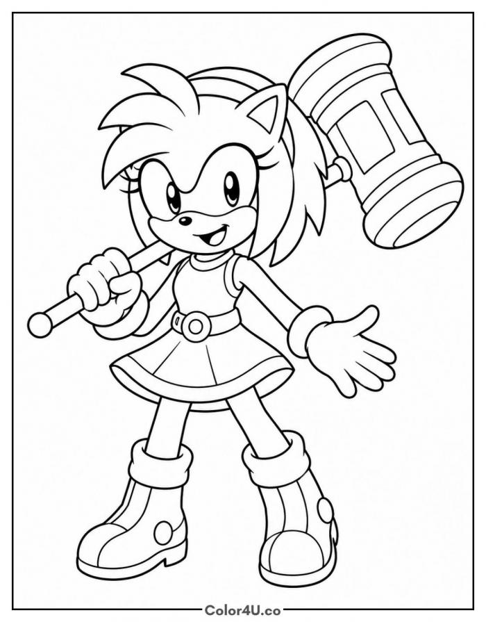 Amy Rose holding her Piko Piko Hammer, medium Sonic the Hedgehog coloring page, free printable