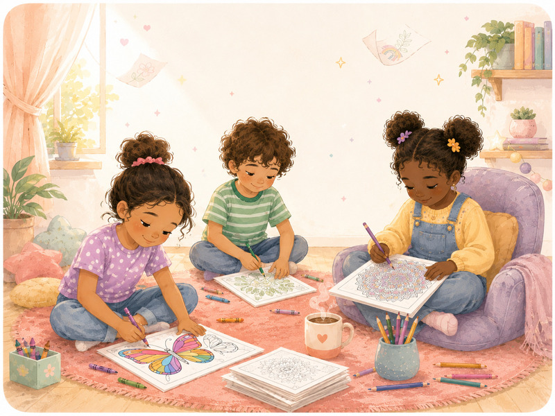 Children drawing and coloring pages on the floor