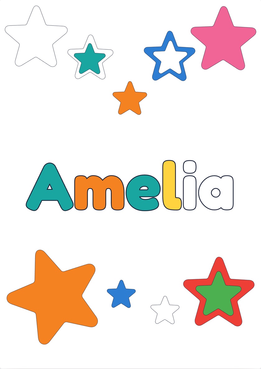Amelia name coloring page with a Stars theme, partly colored in