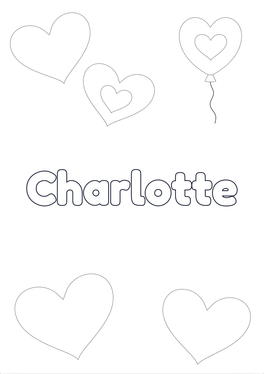 Printable Charlotte name coloring page with a Hearts theme, ready to color