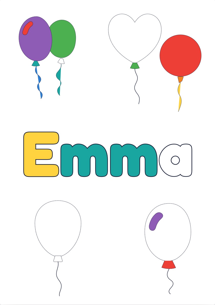 Emma name coloring page with a Balloons theme, partly colored in