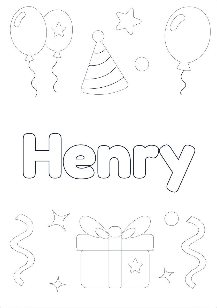 Printable Henry name coloring page with a Party Mix theme, ready to color