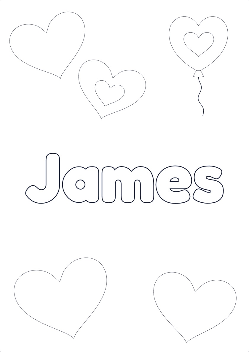 Printable James name coloring page with a Hearts theme, ready to color
